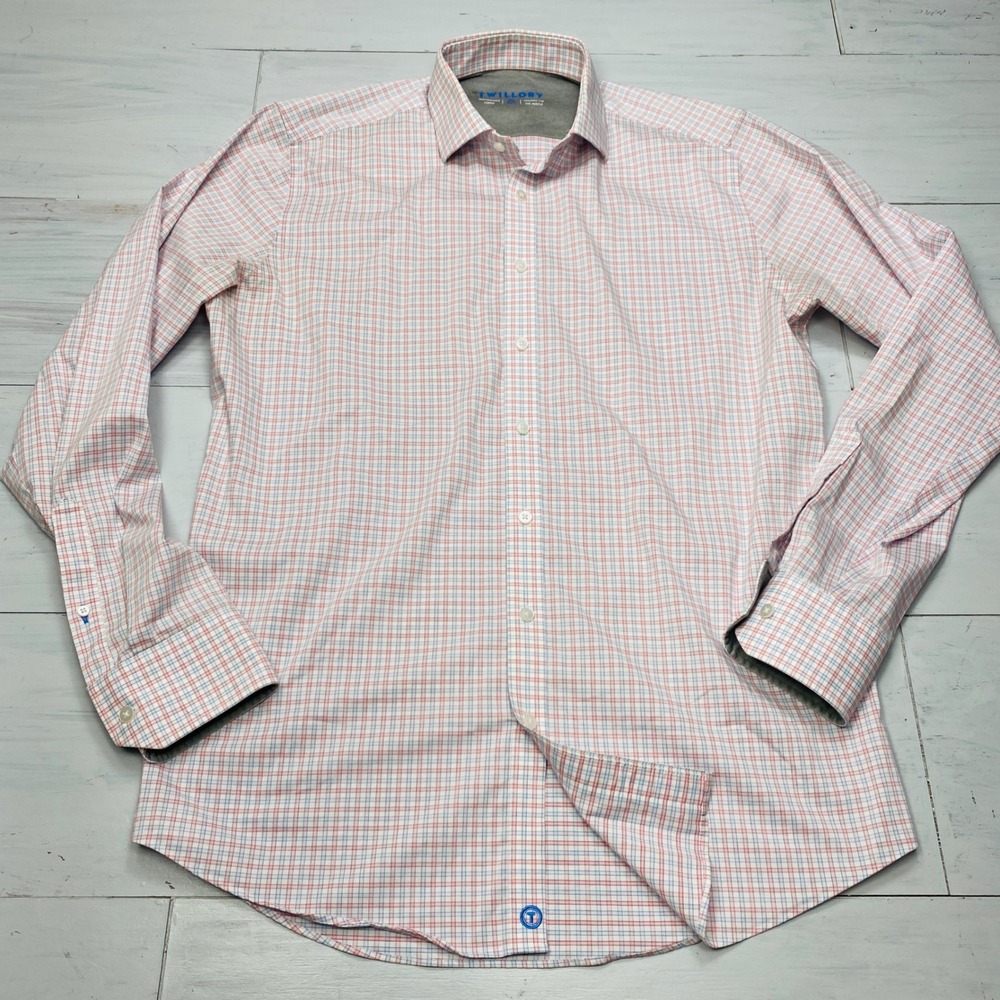 Twillory Performance Dress Shirt Mens 16.5 36/37 Red Blue Check Trim Fit Coolmax